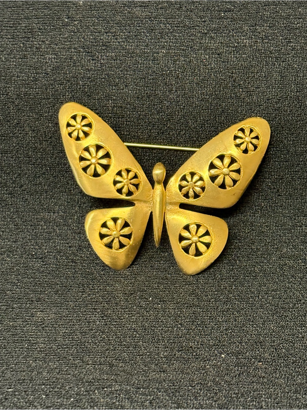Butterfly Brooch with Floral Cutouts MCM flower power design brushed gold tone
